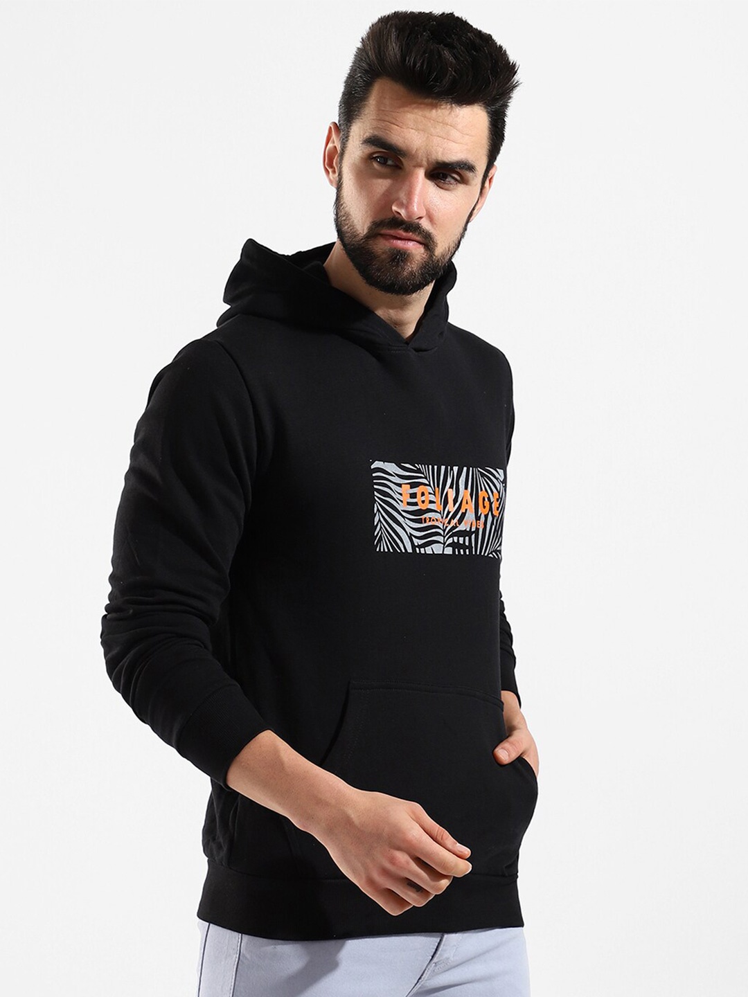 

Campus Sutra Men Black Printed Hooded Cotton Sweatshirt