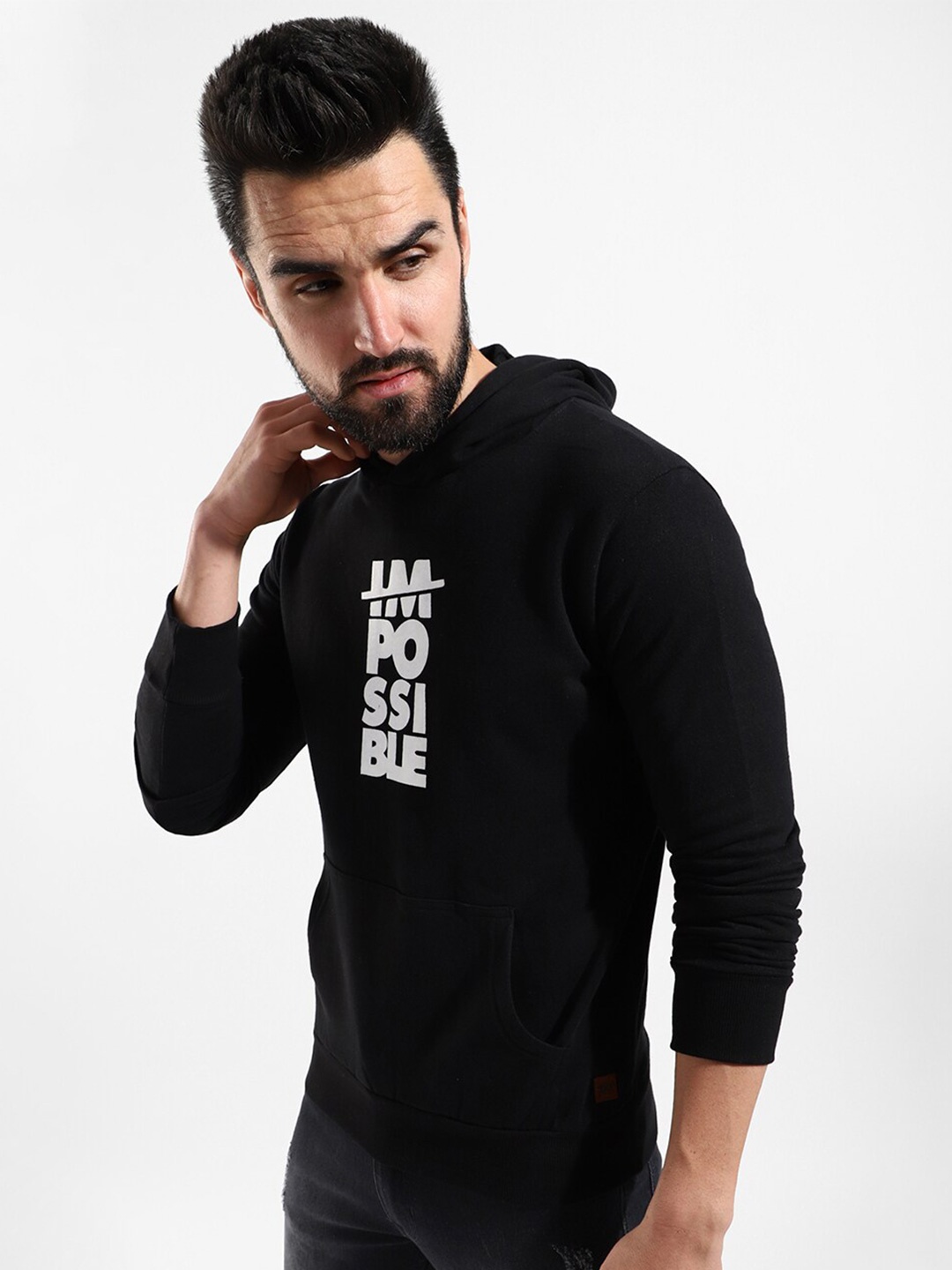 

Campus Sutra Men Black Printed Hooded Cotton Sweatshirt