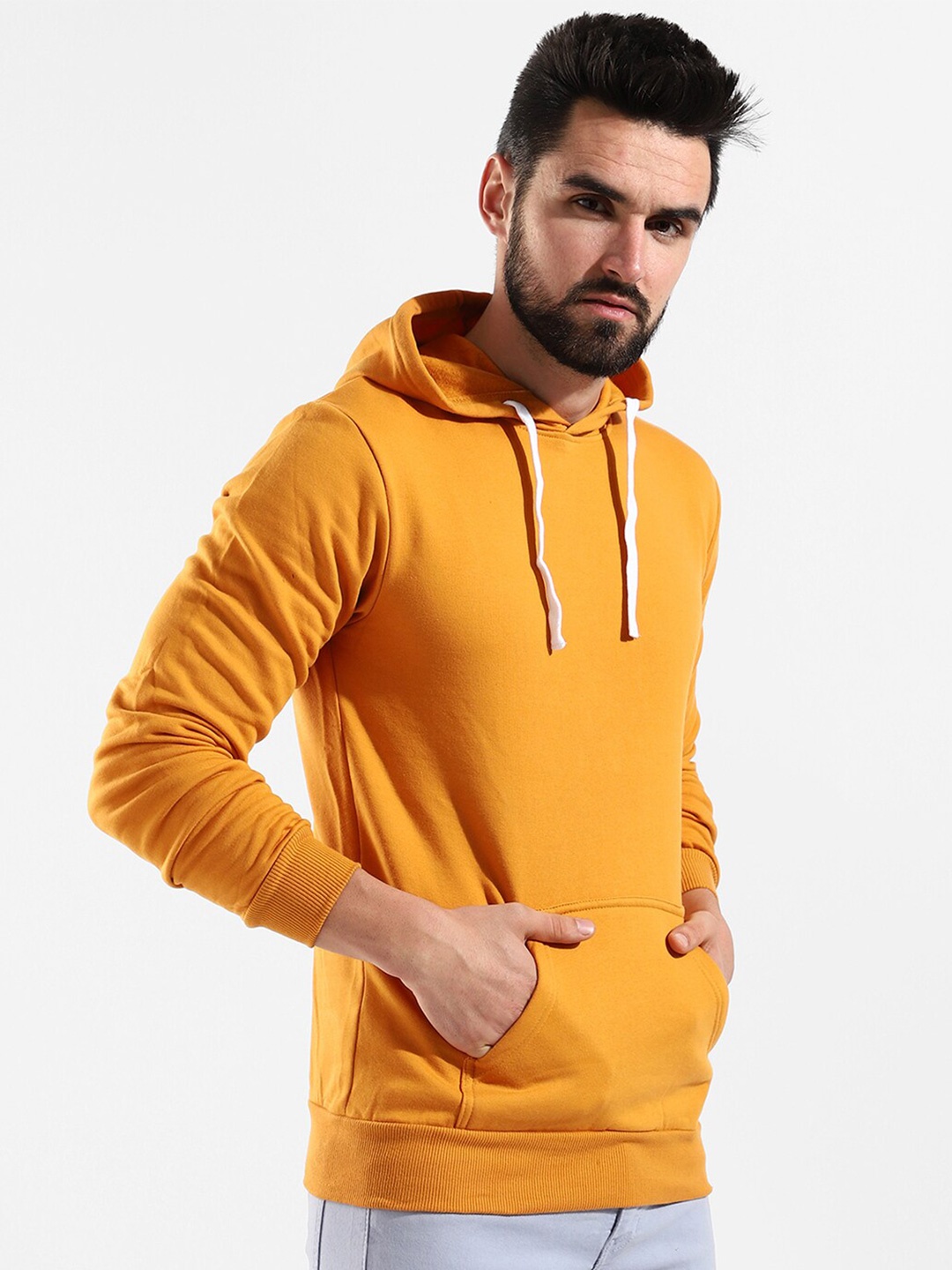 

Campus Sutra Men Mustard Hooded Cotton Sweatshirt