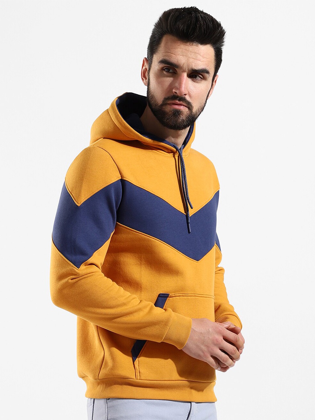 

Campus Sutra Men Mustard Colourblocked Hooded Cotton Sweatshirt