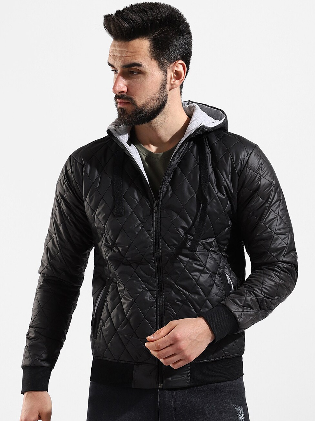 

Campus Sutra Men Black Windcheater Outdoor Hooded Quilted Jacket