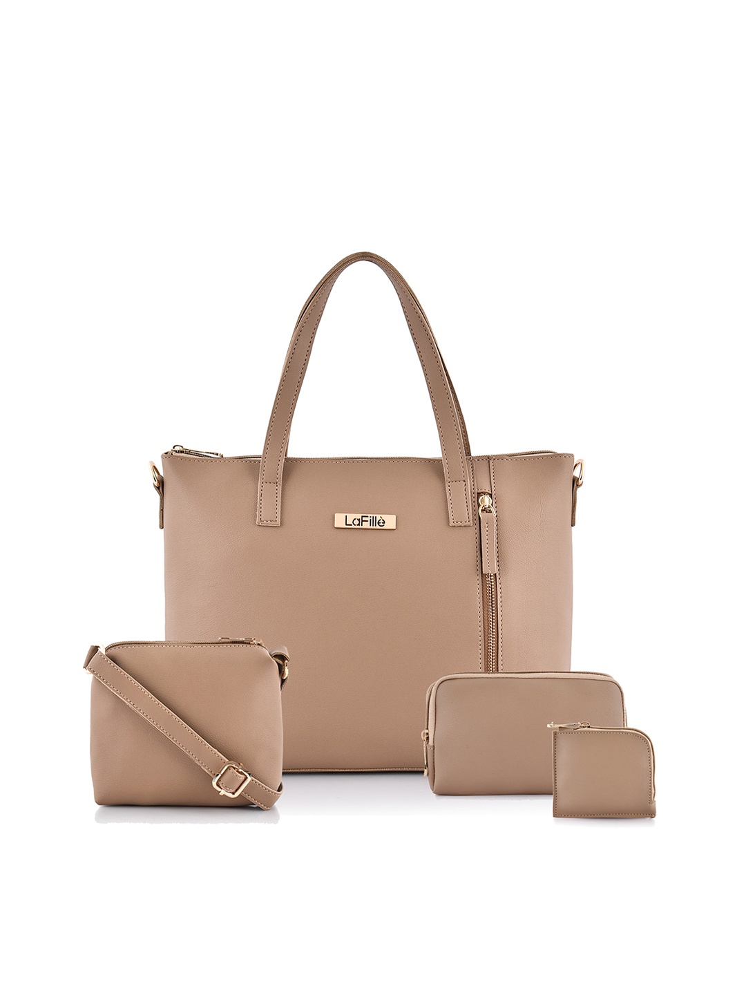 

LaFille Pack of 4 PU Structured Shoulder Bag with Pouches Handbags, Beige