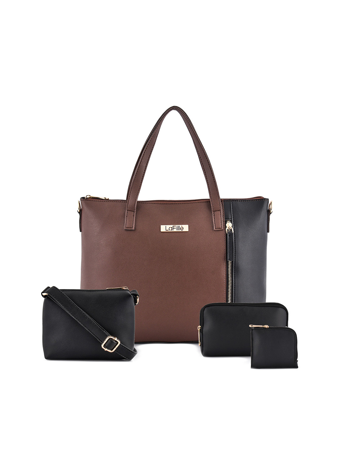 

LaFille Women Brown Colourblocked Combo 4 Pieces PU Structured Handheld Bag