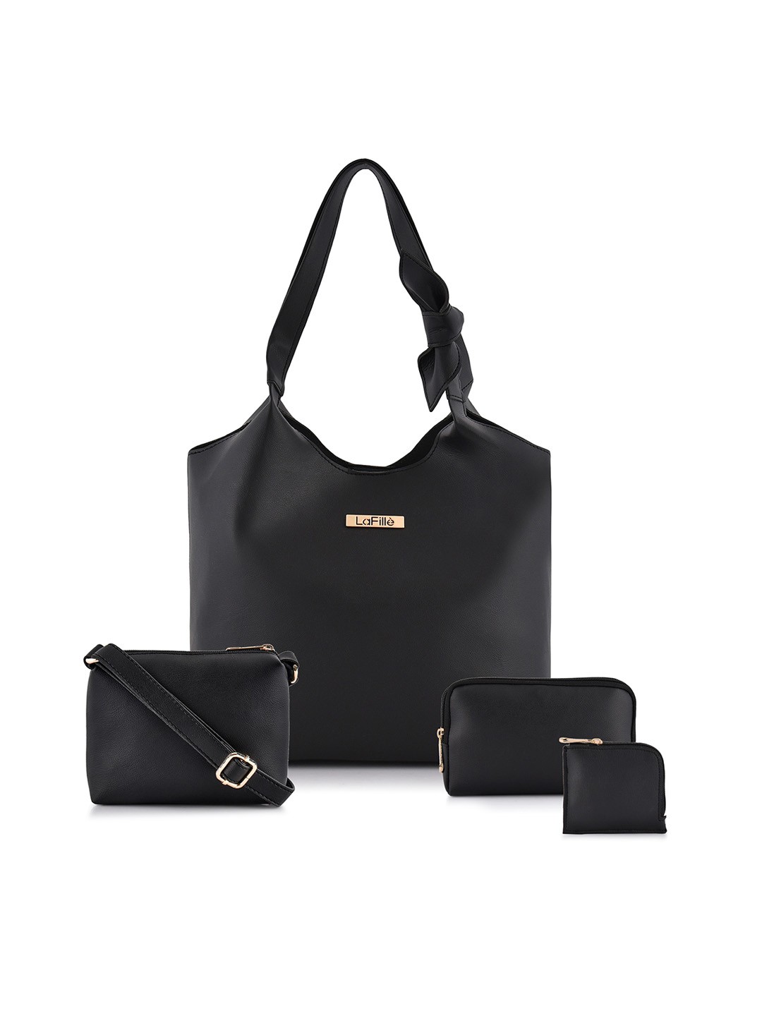 

LaFille Black Pack of 4 PU Structured Shoulder Bag with Pouches