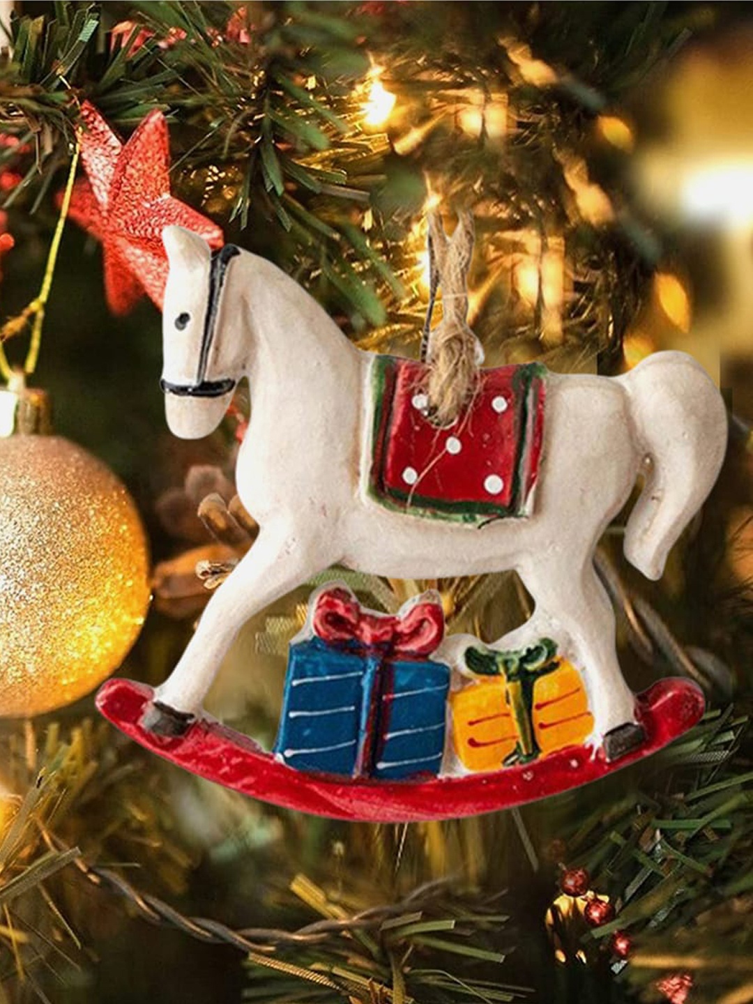 

Little Surprise Box LLP Kids White & Red Hanging Horse Christmas Tree Ornament