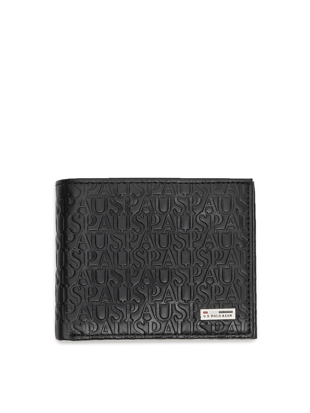 

U S Polo Assn Men Black Typography Textured Leather Two Fold Wallet