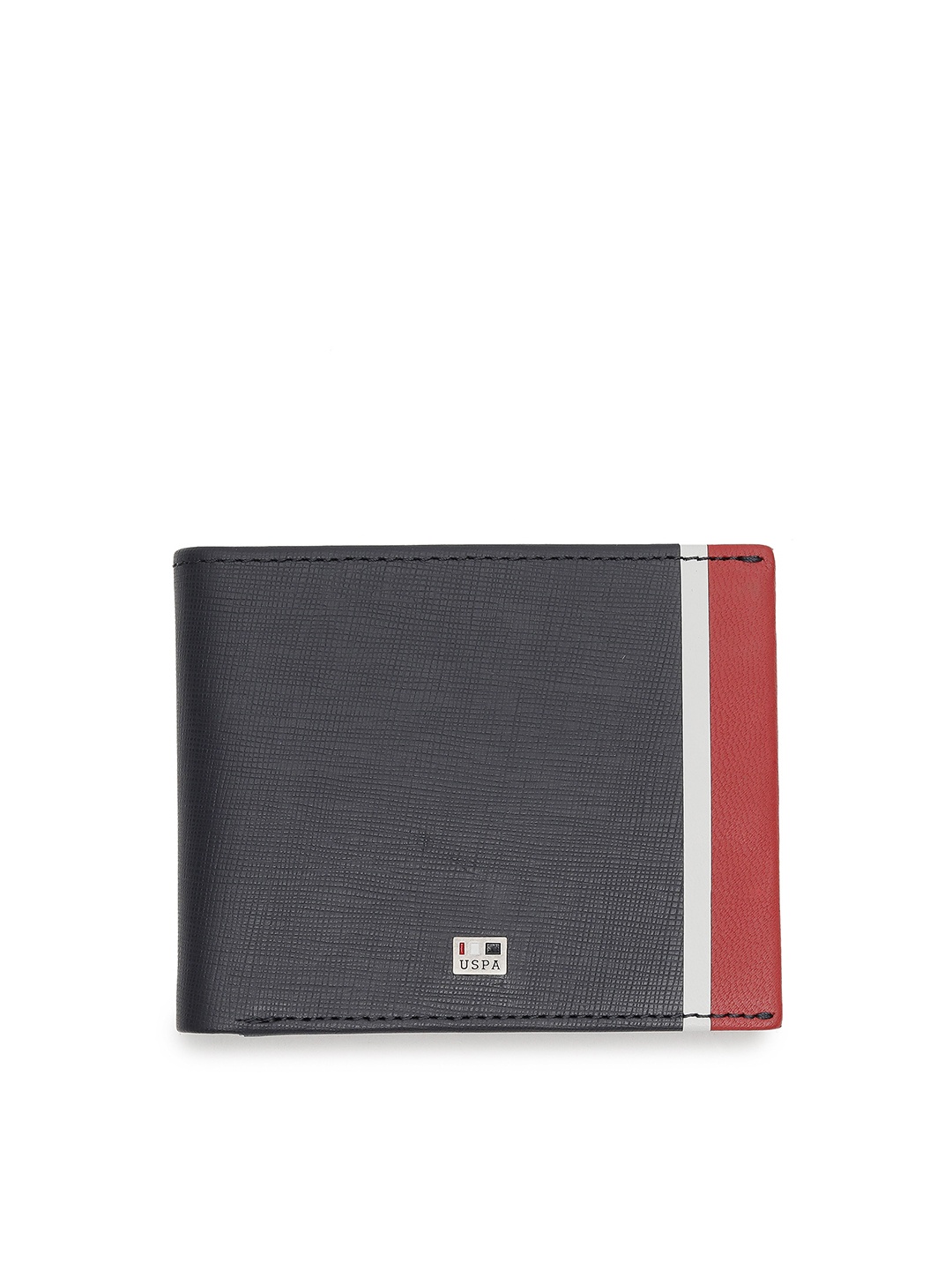 

U S Polo Assn Men Navy Blue & White Colourblocked Leather Two Fold Wallet