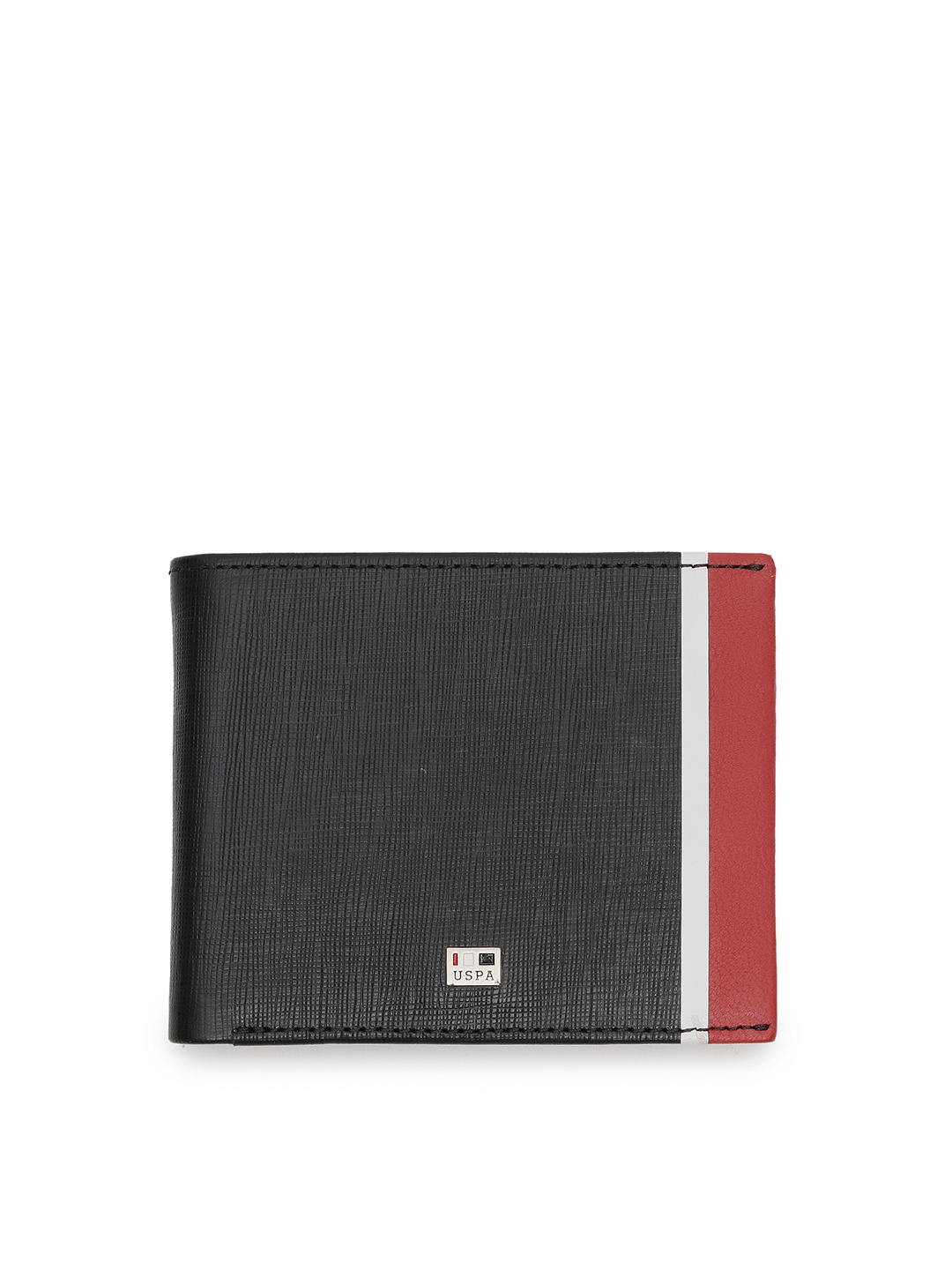 

U S Polo Assn Men Black & White Colourblocked Leather Two Fold Wallet