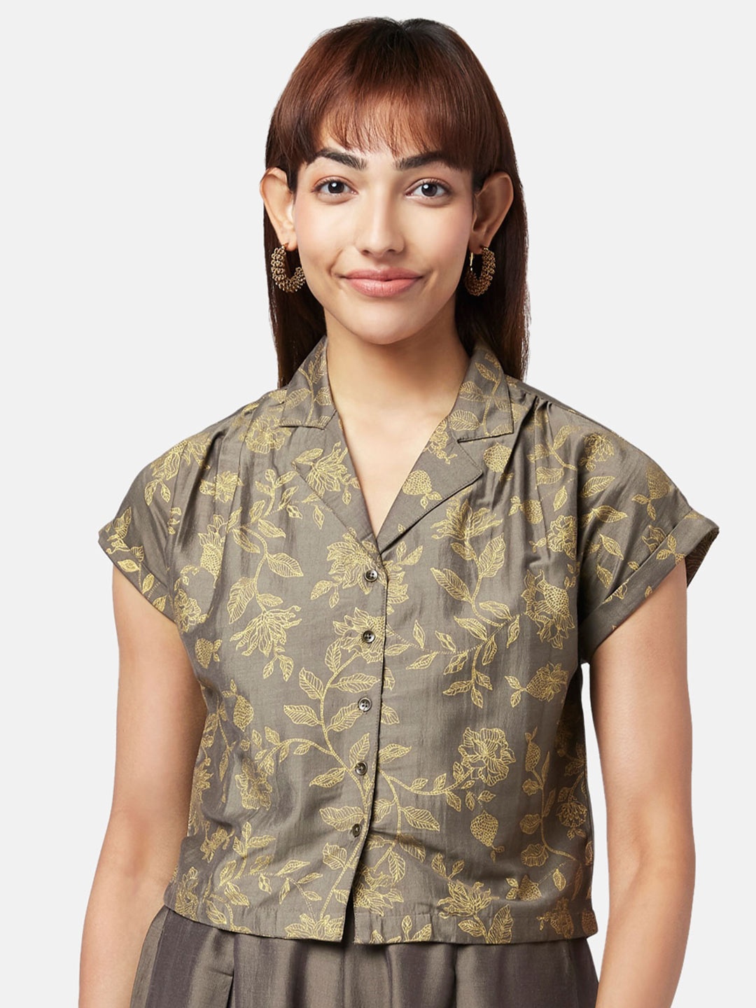 

AKKRITI BY PANTALOONS Charcoal Floral Print Extended Sleeves Shirt Style Top