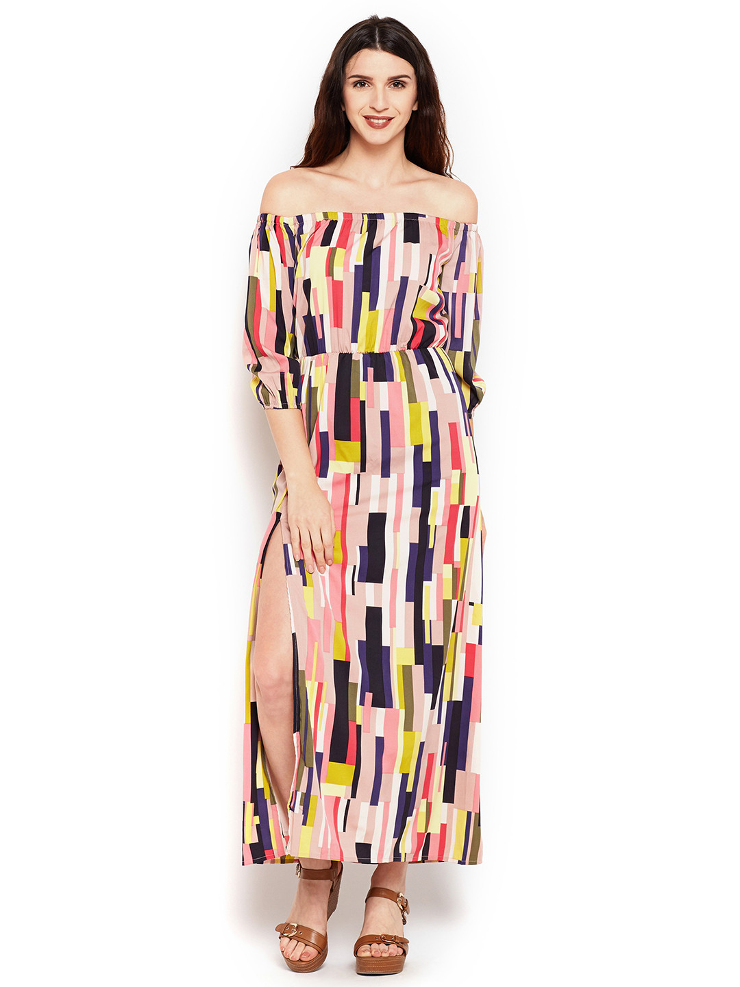 

MAGRE Women Multicoloured Printed Bardot Maxi Dress, Multi