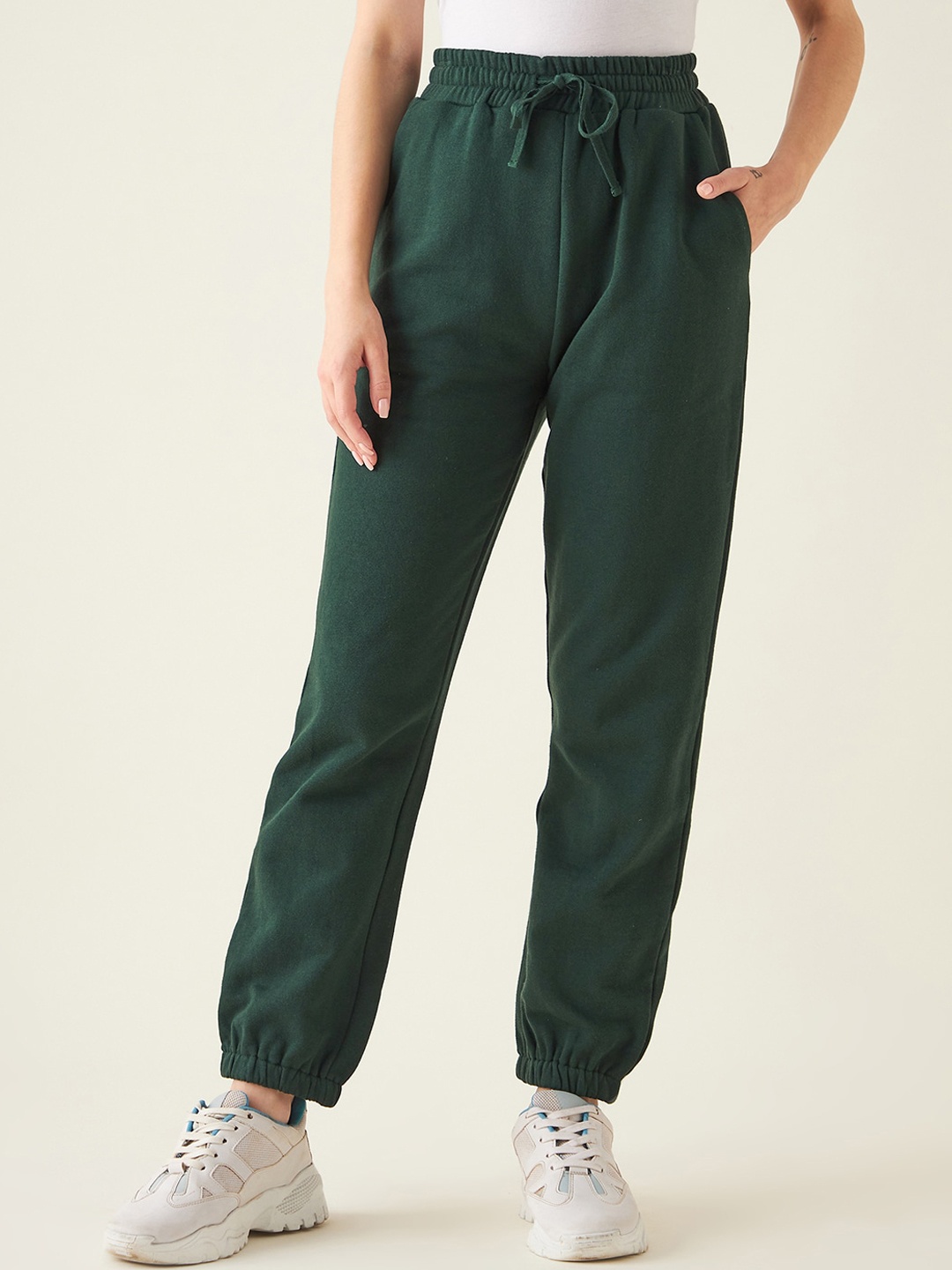 

JUNE & HARRY Women Green Cotton Smart High-Rise Joggers Trousers