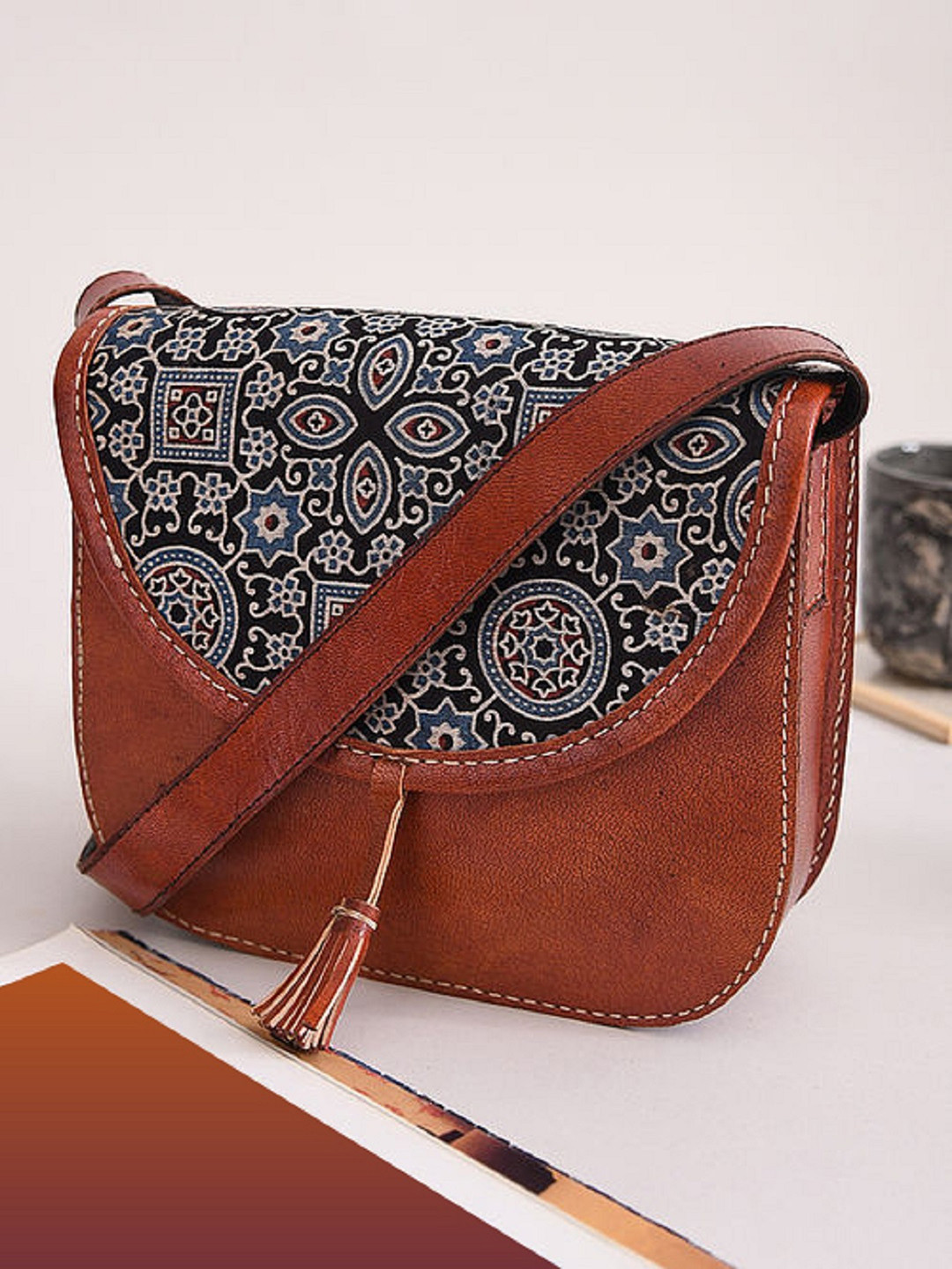 

Jalwa Art Ethnic Motifs Printed Leather Sling Bag, Brown