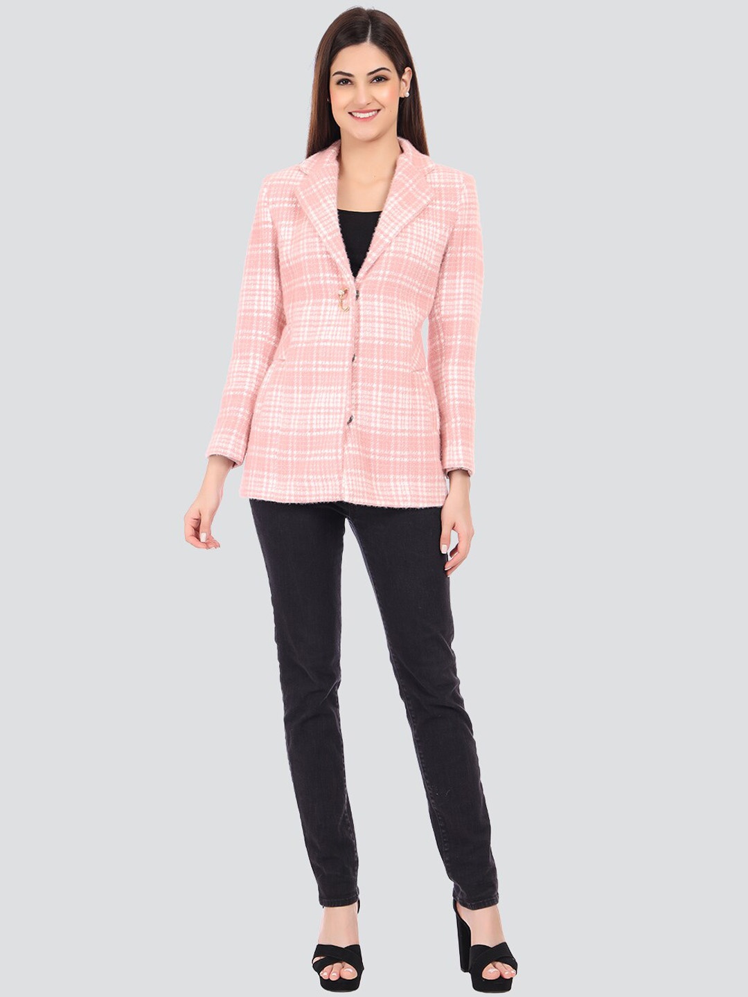 

YOUNG CLUB CLASSIC Women Pink Checked Patterned Woolen Pea Coats