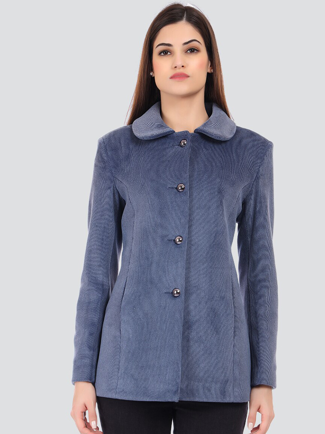 

YOUNG CLUB CLASSIC Women Blue Self-Design Single-Breasted Overcoat