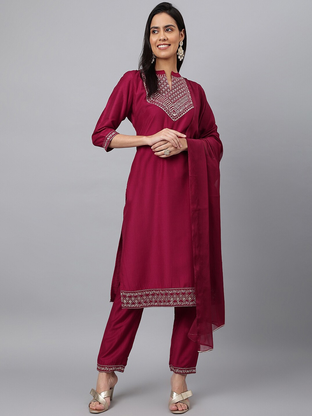

MEESAN Women Burgundy Ethnic Yoke Design Aari Work Kurta with Trousers & Dupatta