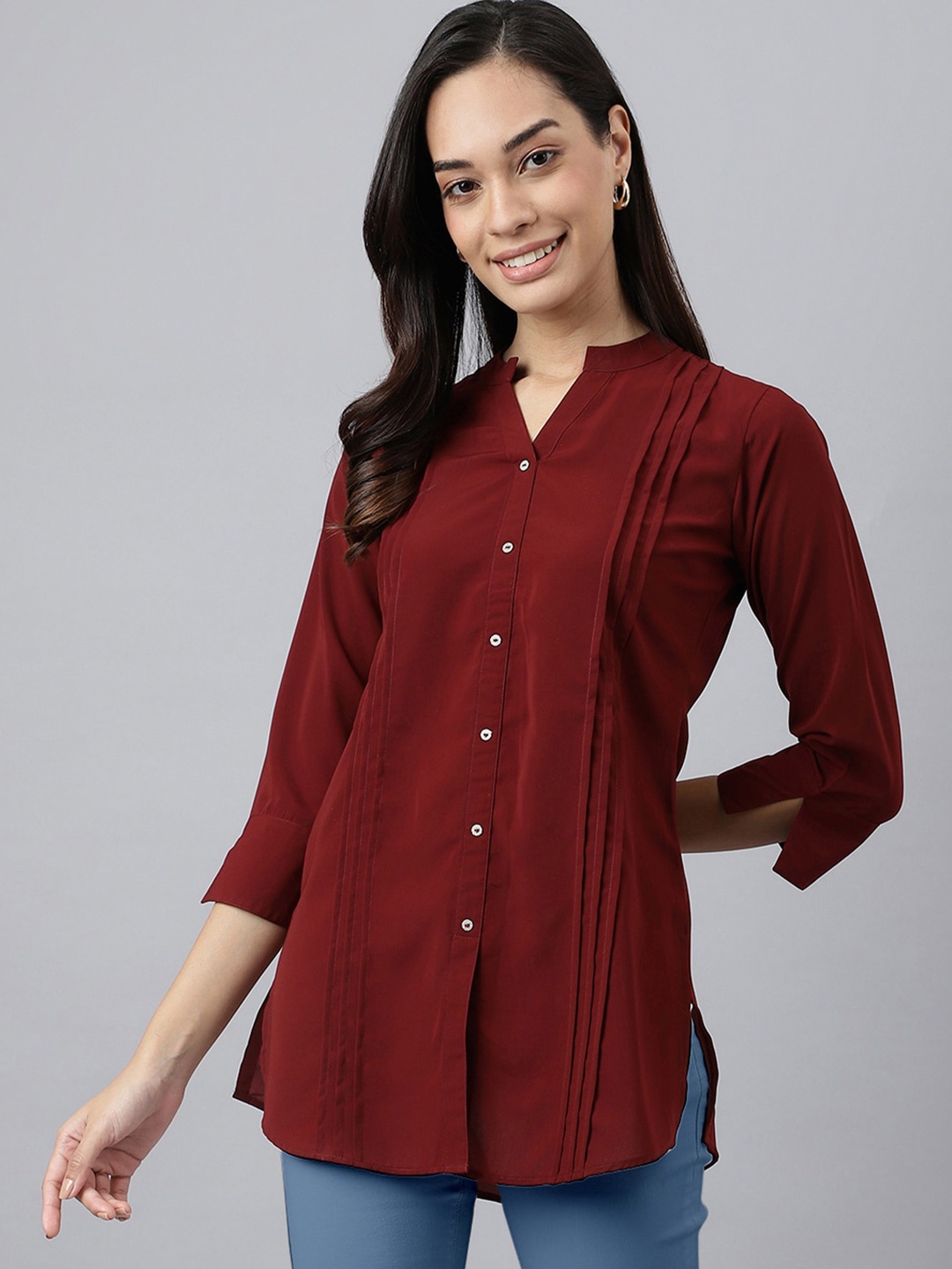 

MEESAN Maroon Mandarin Collar Tunic