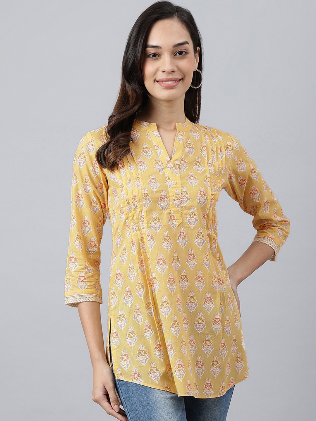

MEESAN Yellow & White Mandarin Collar Cotton Printed Tunic