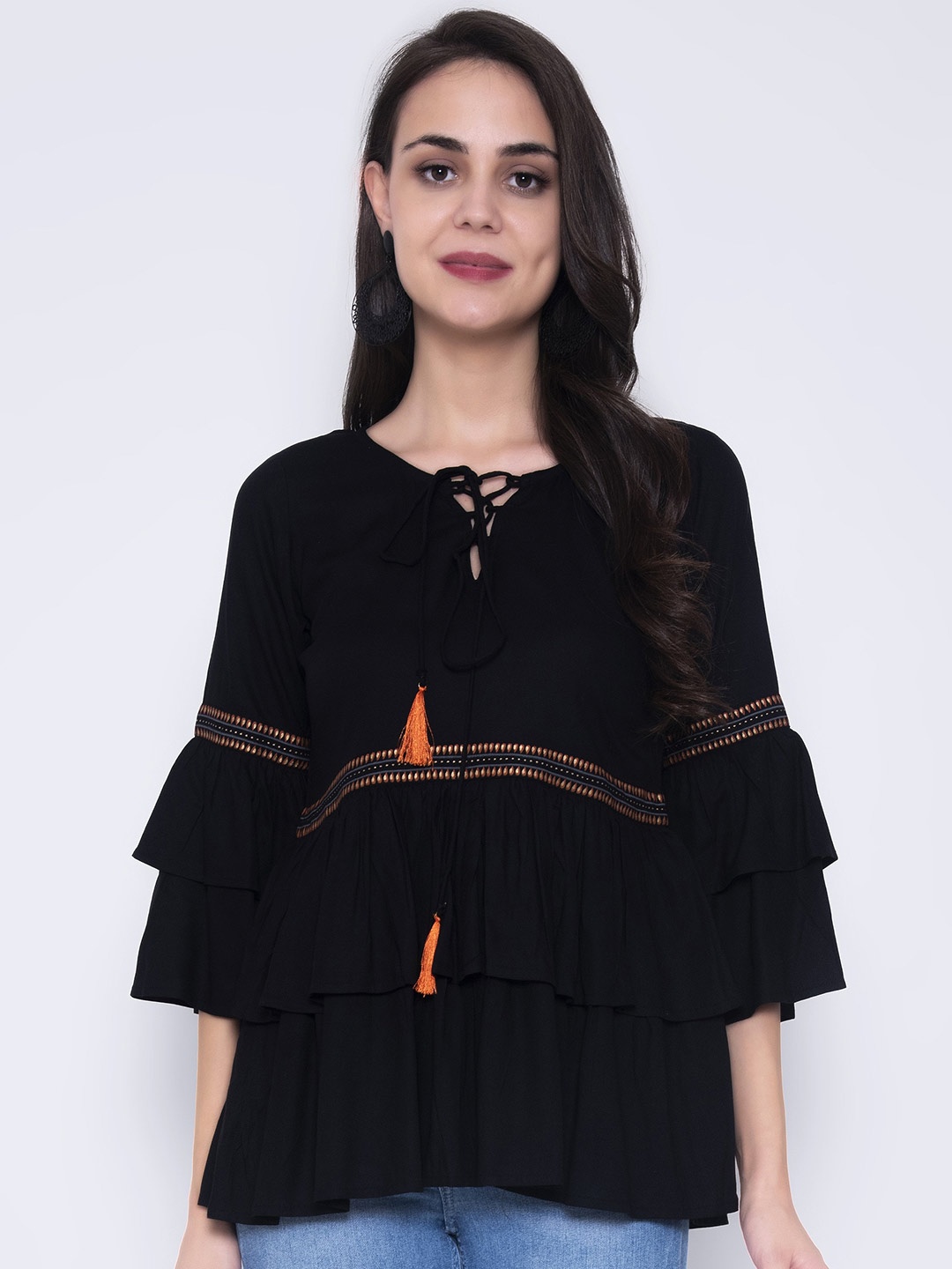 

God Bless Black Tie-Up Neck Tiered Top