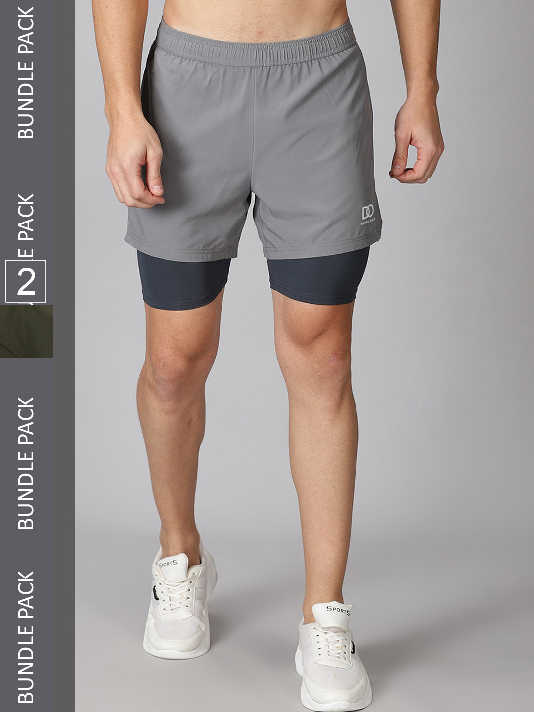 

The Short Store Men Pack of 2 Grey & Olive Green Running Sports Shorts