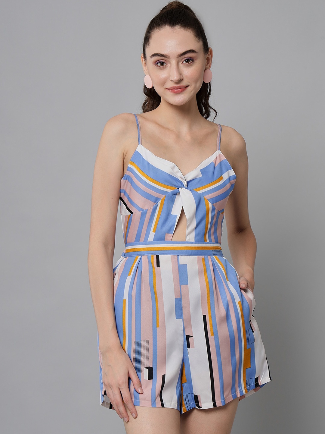 

emeros Blue & White Striped Backless Playsuit Jumpsuit