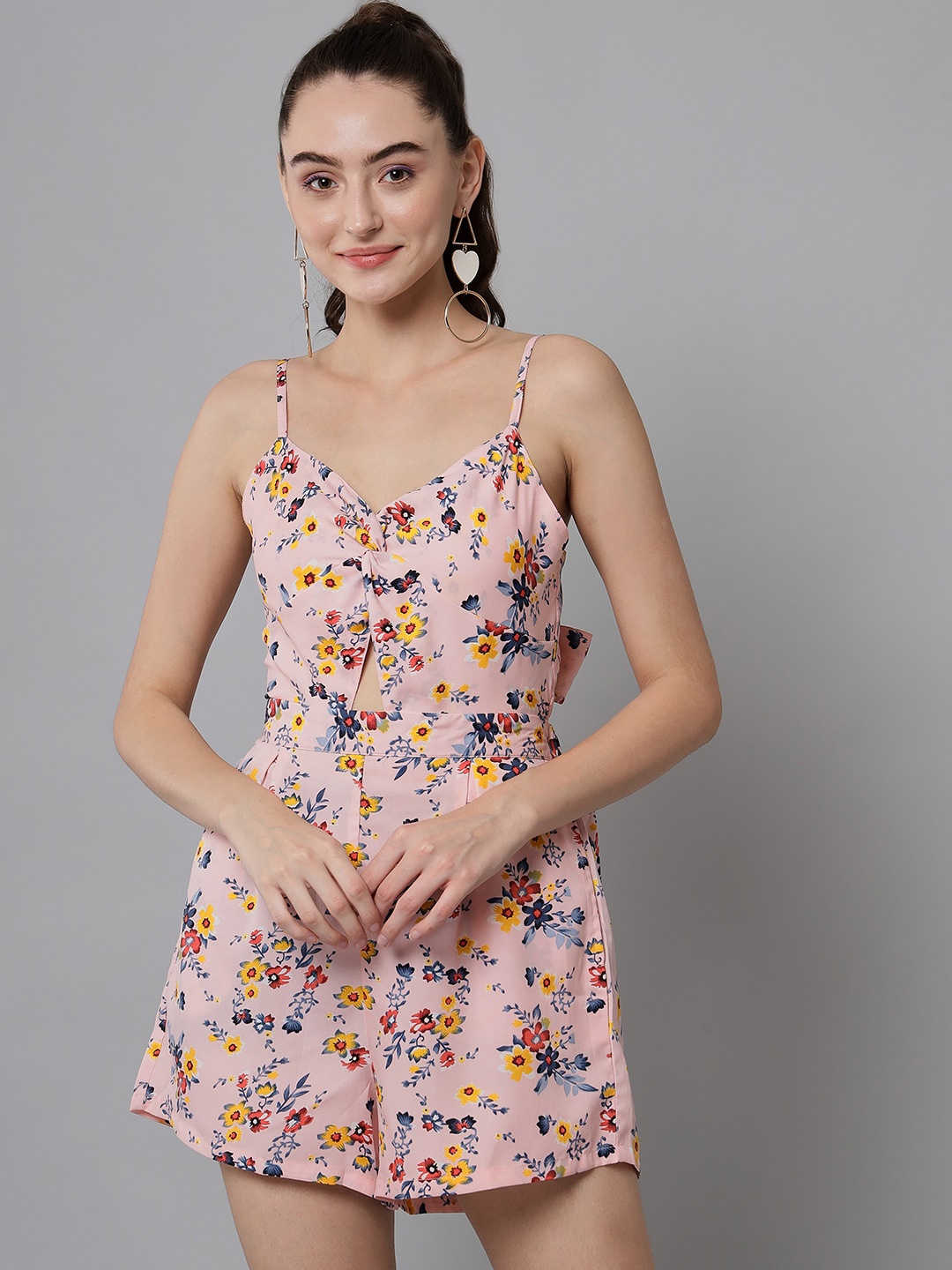 

emeros Pink & Yellow Floral Printed Loop-style Tie-up Back Jumpsuit