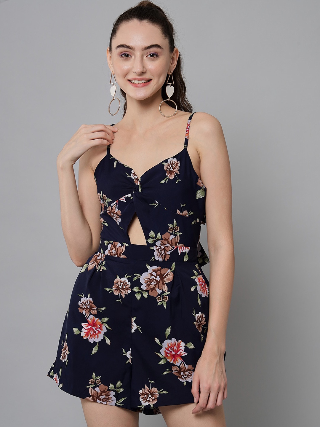 

emeros Navy Blue & Red Floral Printed Jumpsuit