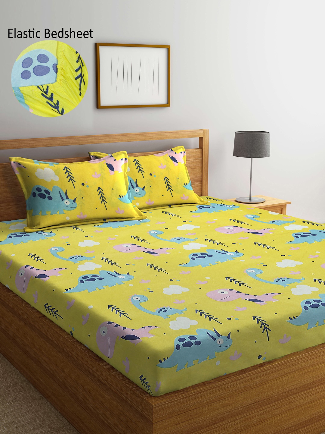

Arrabi Yellow & Blue Graphic 300 TC King Bedsheet with 2 Pillow Covers