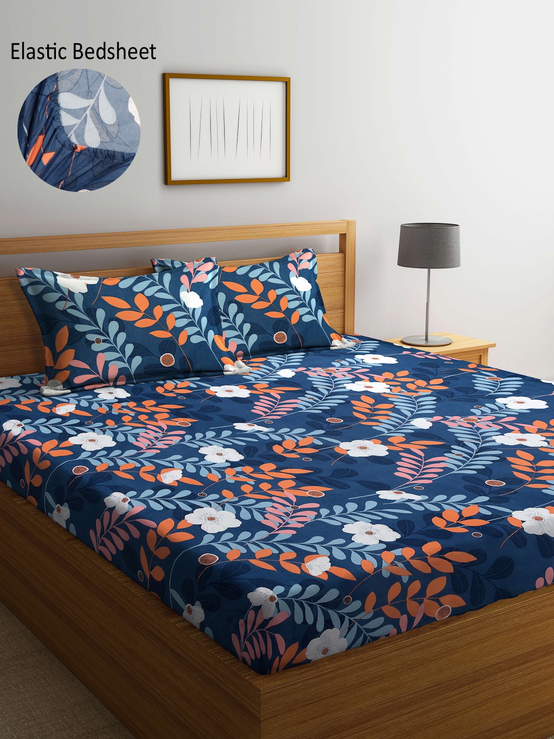 

Arrabi Blue & White Floral 300 TC King Bedsheet with 2 Pillow Covers