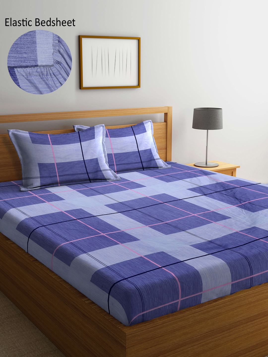 

Arrabi Blue & Pink Geometric 300 TC King Bedsheet with 2 Pillow Covers