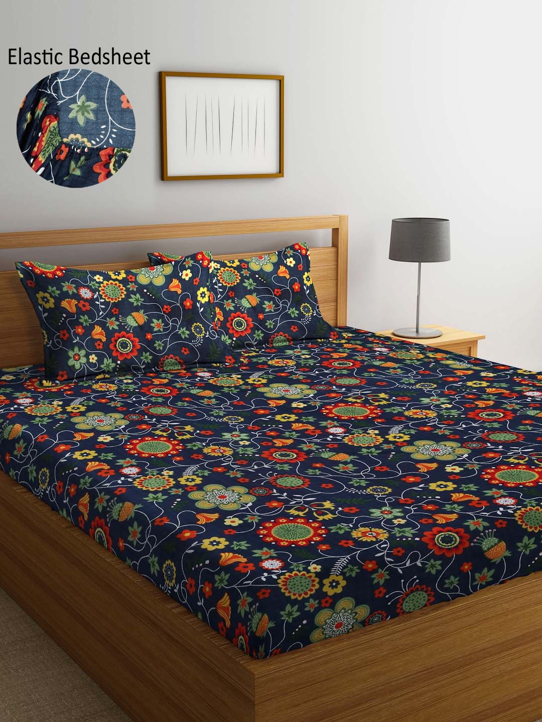 

Arrabi Blue & Green Floral 300 TC Fitted King Bedsheet with 2 Pillow Covers