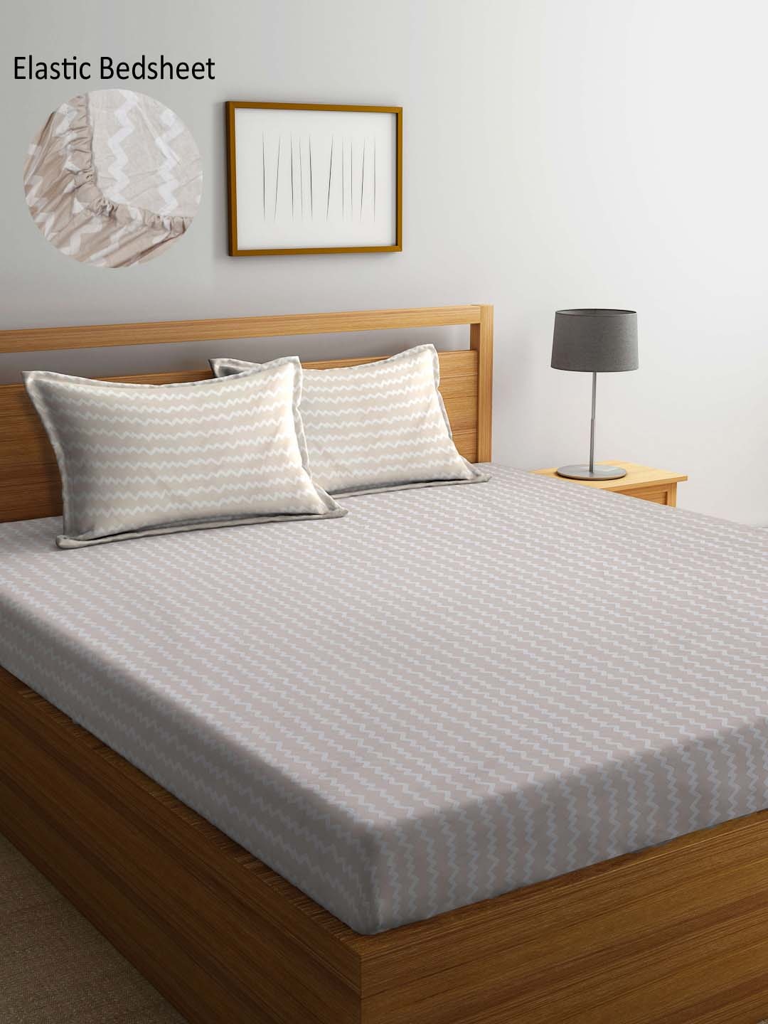 

Arrabi Brown & White Striped 300 TC Fitted King Bedsheet with 2 Pillow Covers