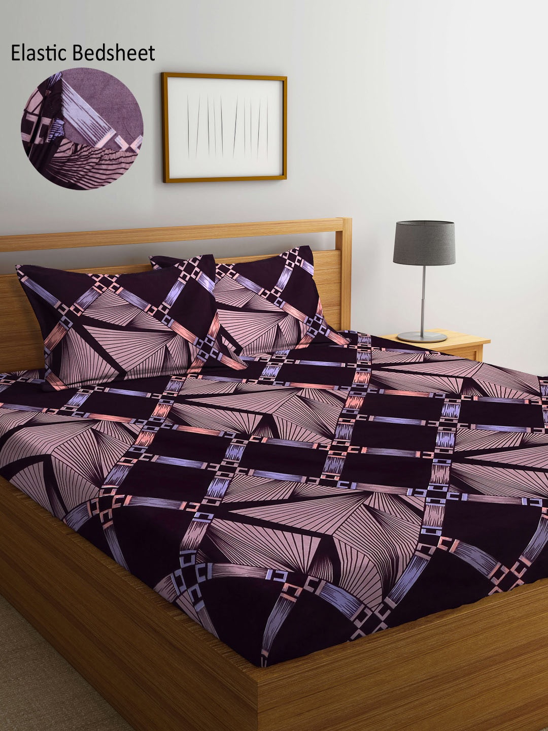 

Arrabi Purple & Pink Geometric 300 TC Fitted King Bedsheet with 2 Pillow Covers