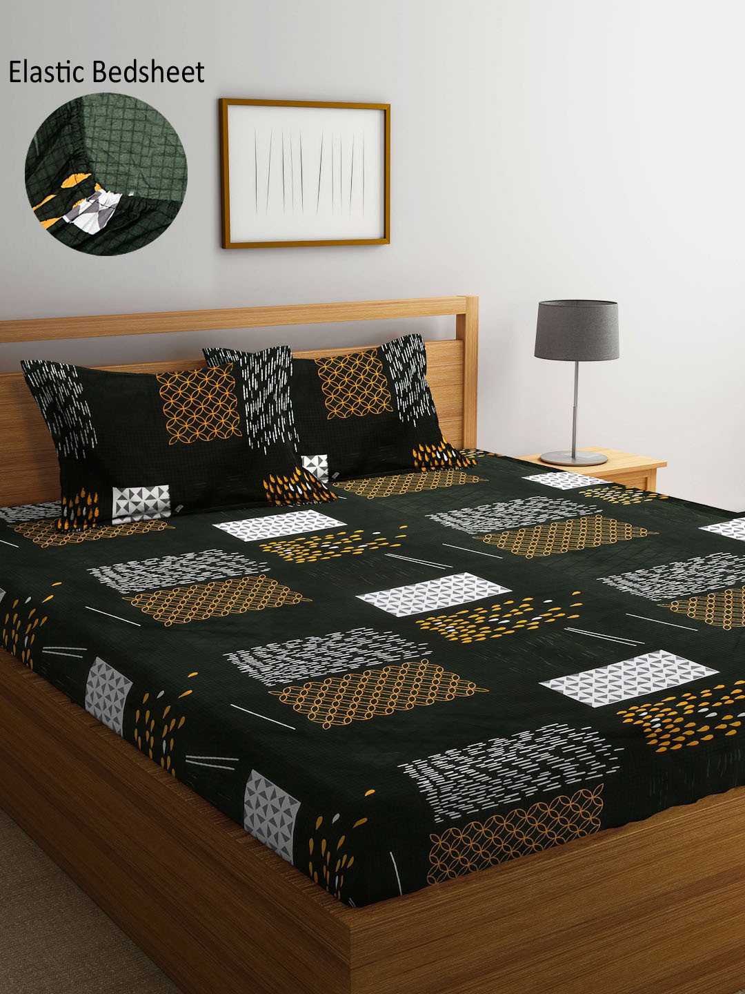 

Arrabi Olive Green & White Geometric 300 TC Fitted King Bedsheet with 2 Pillow Covers
