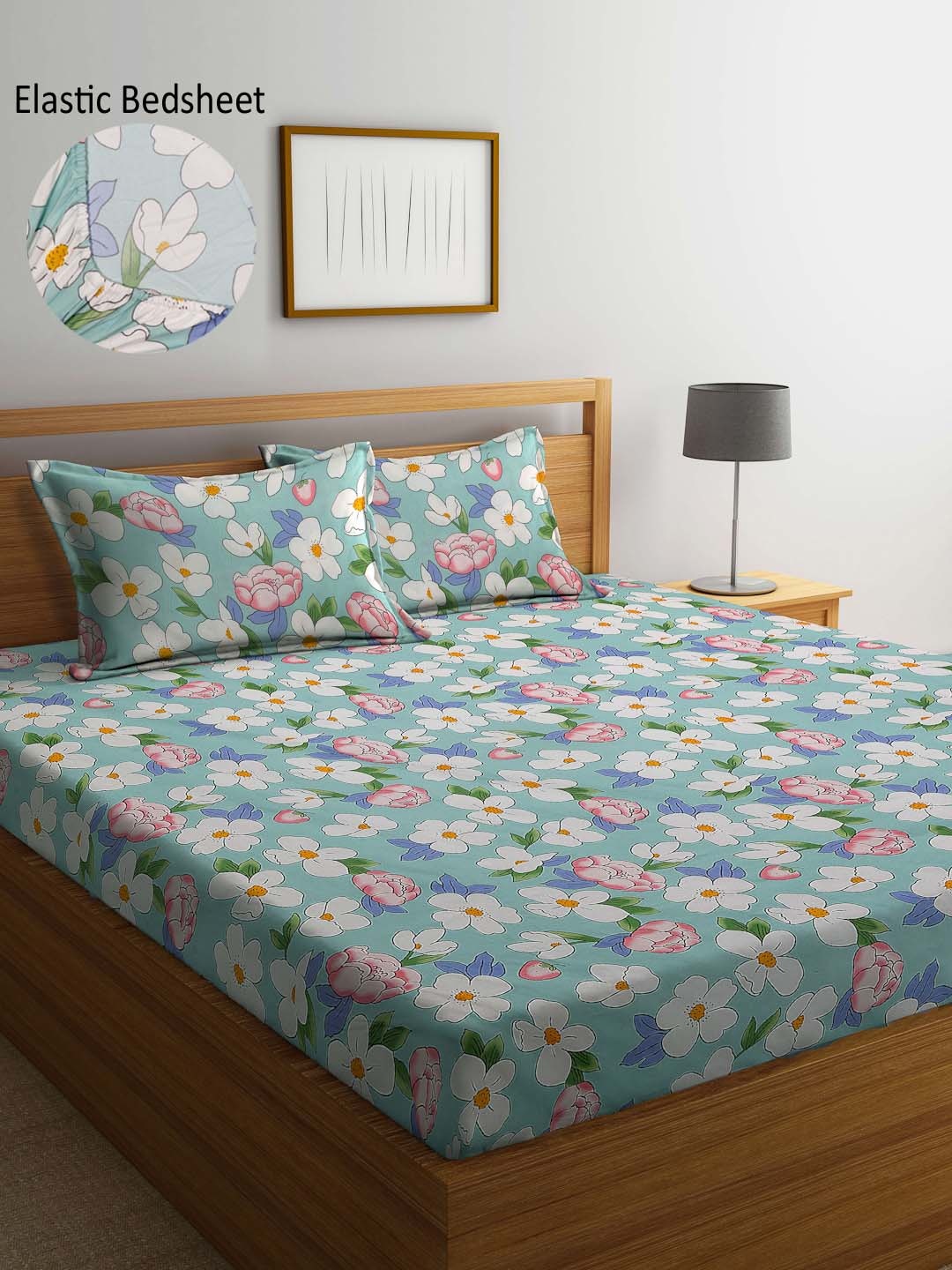 

Arrabi Blue & White Floral 300 TC Fitted King Bedsheet with 2 Pillow Covers