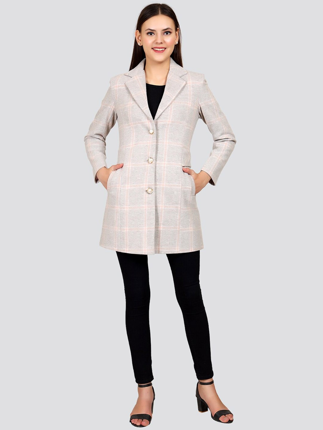 

YOUNG CLUB CLASSIC Women Grey Checked Woolen Over Coat