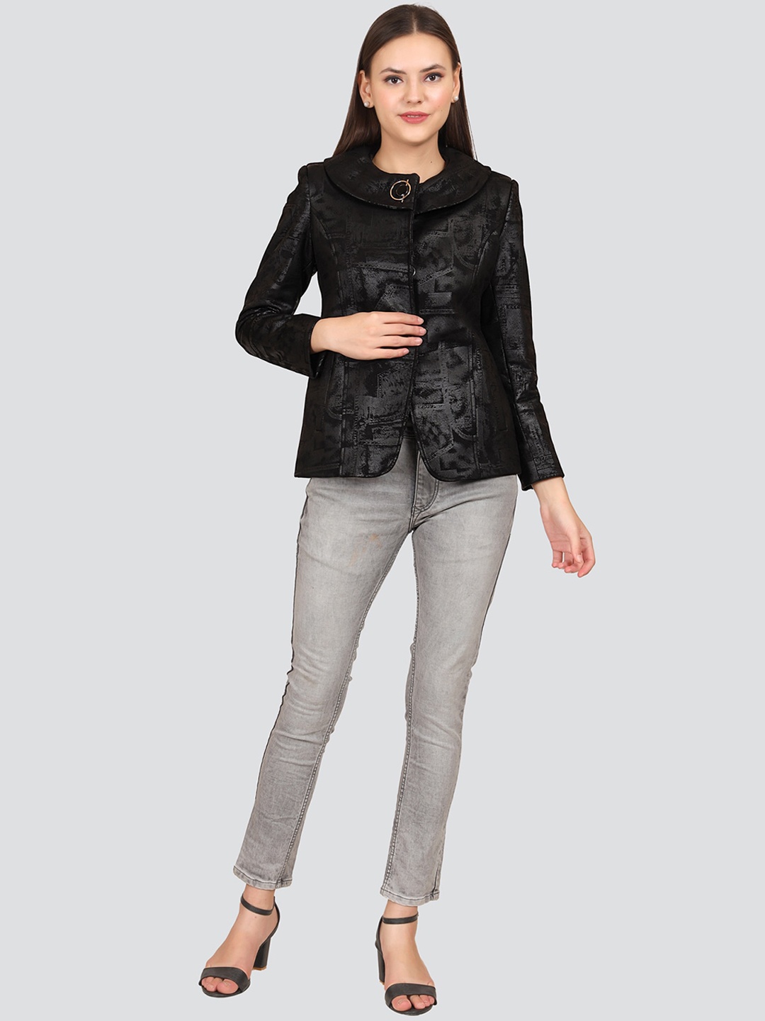 

YOUNG CLUB CLASSIC Women Black Printed Single-Breasted Overcoat