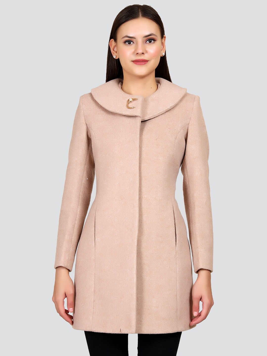 

YOUNG CLUB CLASSIC Women Peach-Colored Single-Breasted Woolen Pea Coat
