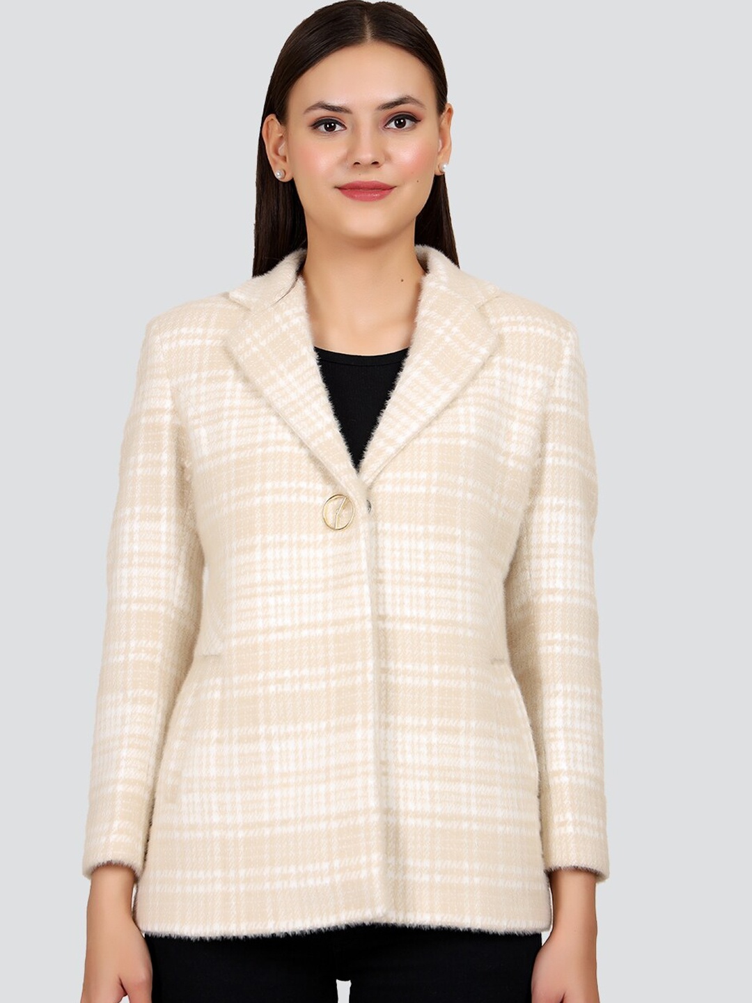 

YOUNG CLUB CLASSIC Women Peach Checked Woolen Over Coat, Beige