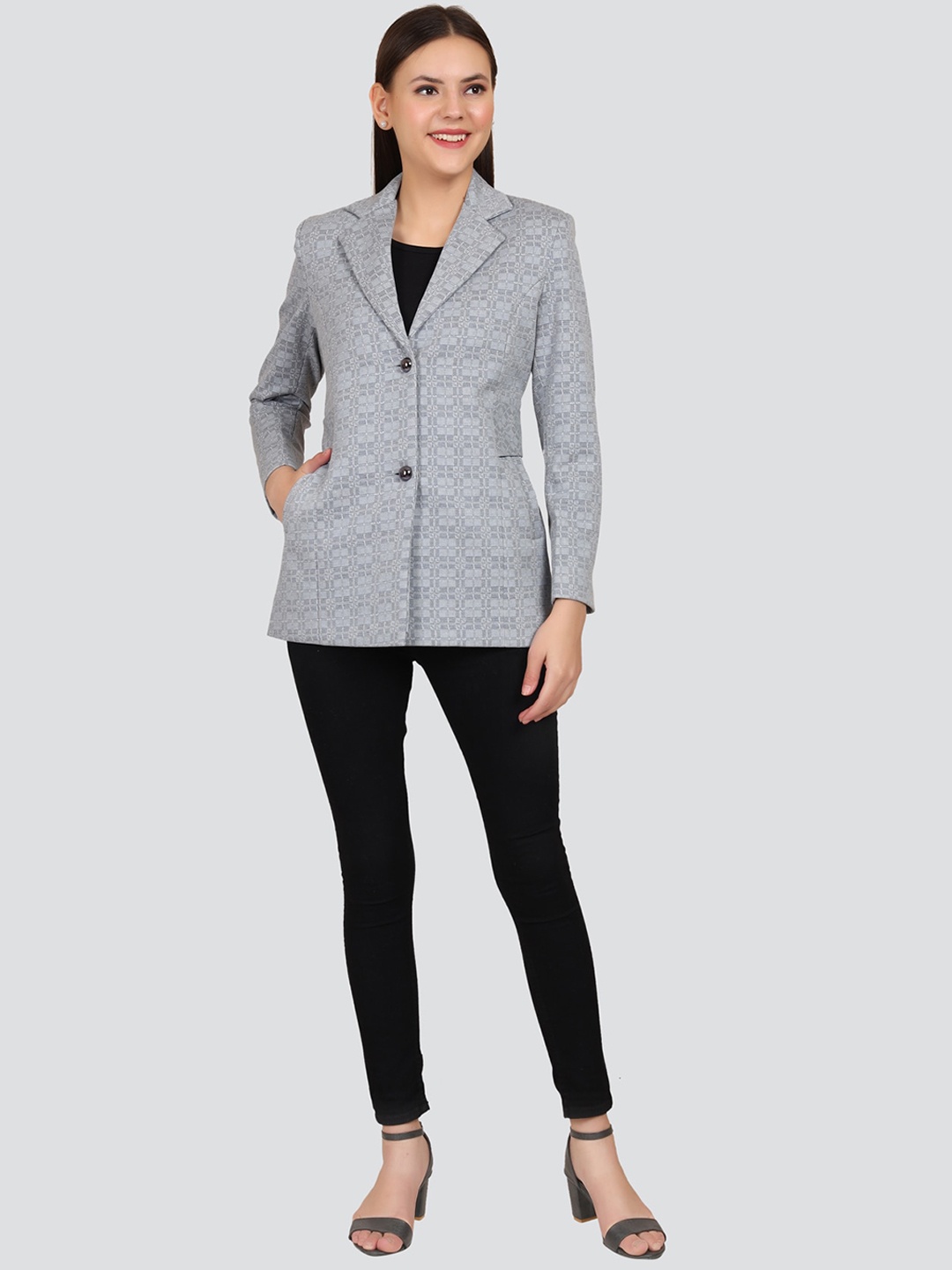 

YOUNG CLUB CLASSIC Women Grey Printed Woolen OverCoats