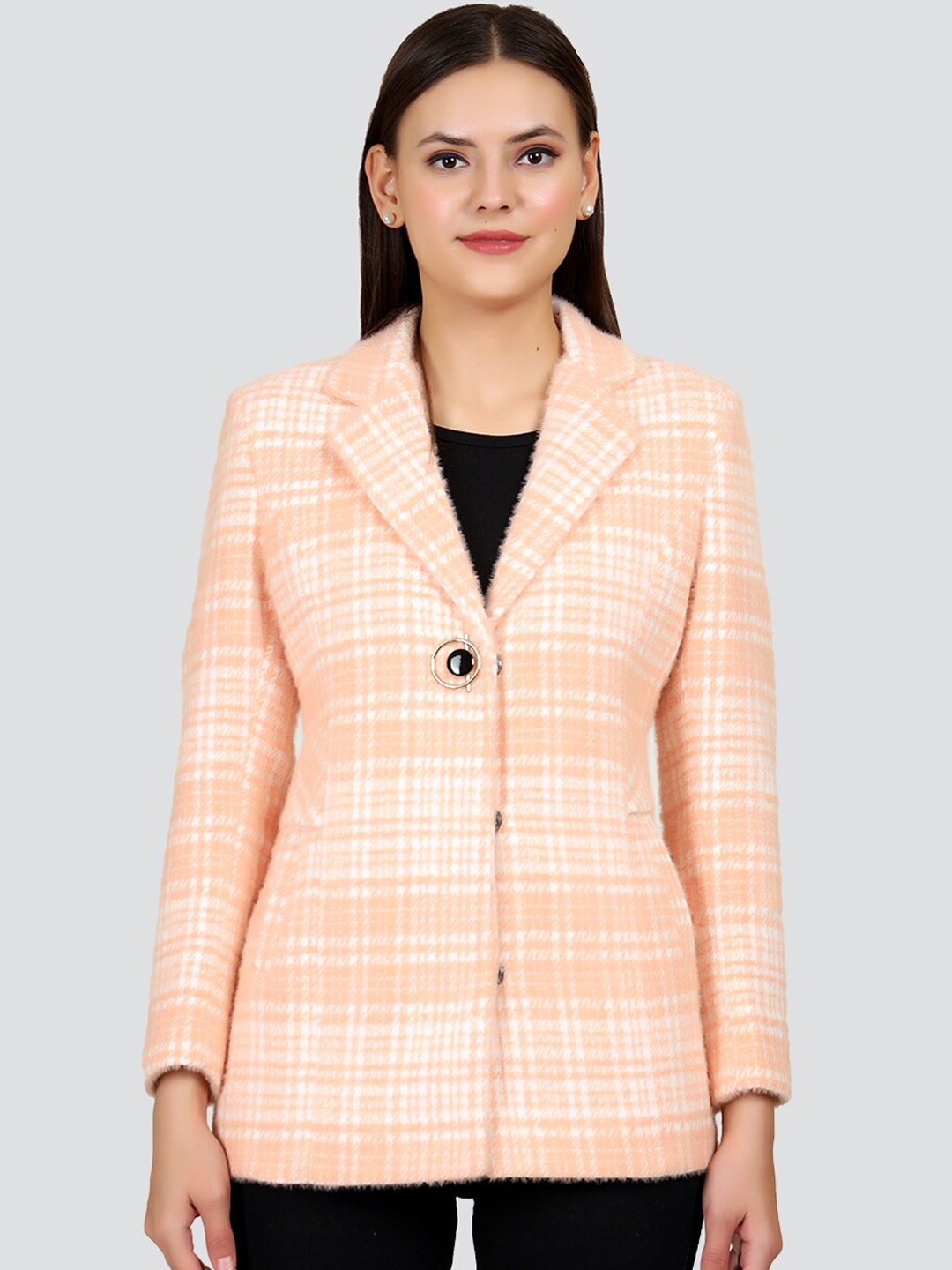 

YOUNG CLUB CLASSIC Women Orange Checked Single-Breasted Woolen Overcoat
