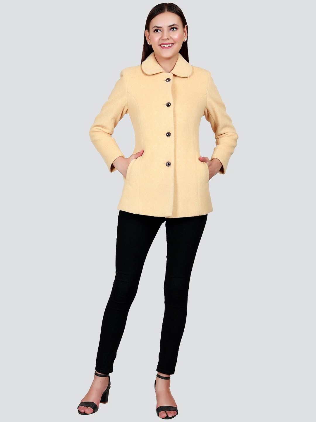 

YOUNG CLUB CLASSIC Women Yellow Spread Collar Corduroy Over Coats