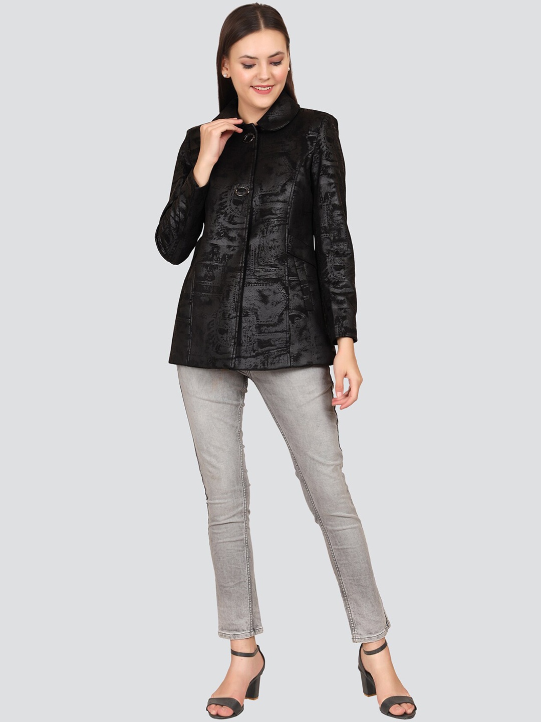

YOUNG CLUB CLASSIC Women Black Self Design Suede Over Coat