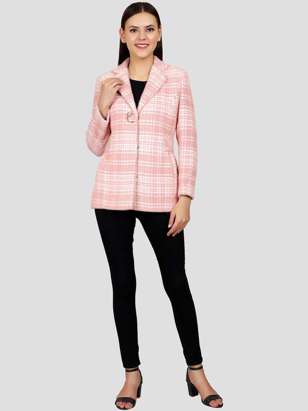 

YOUNG CLUB CLASSIC Women Pink Checked Pea Coat