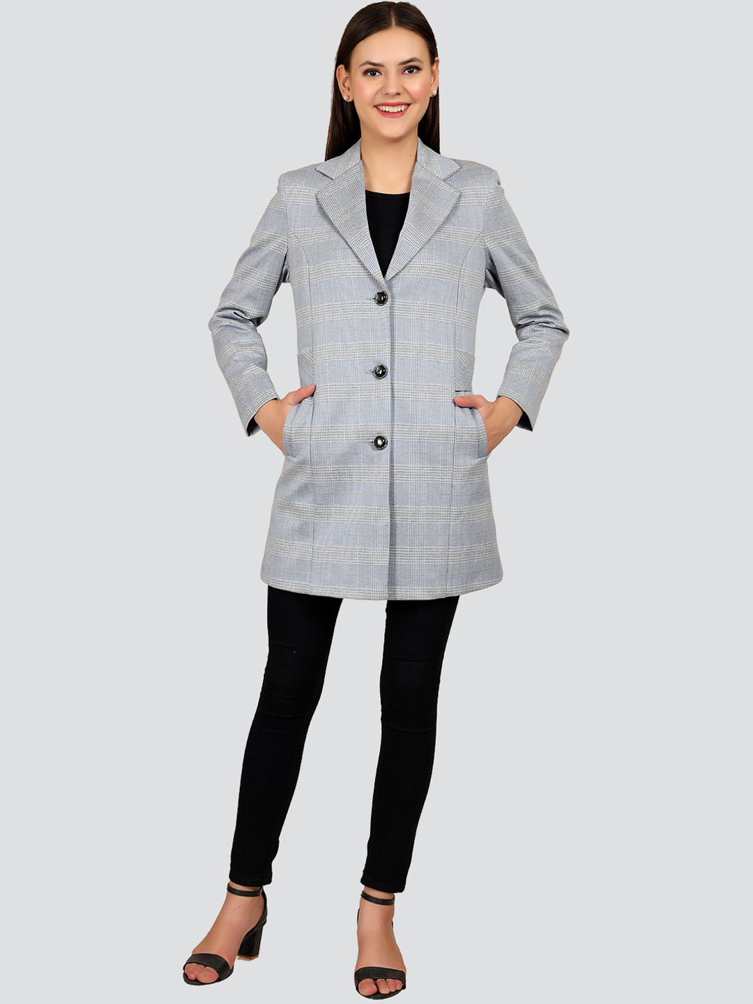 

YOUNG CLUB CLASSIC Women Grey Printed Checks Woolen Over Coats