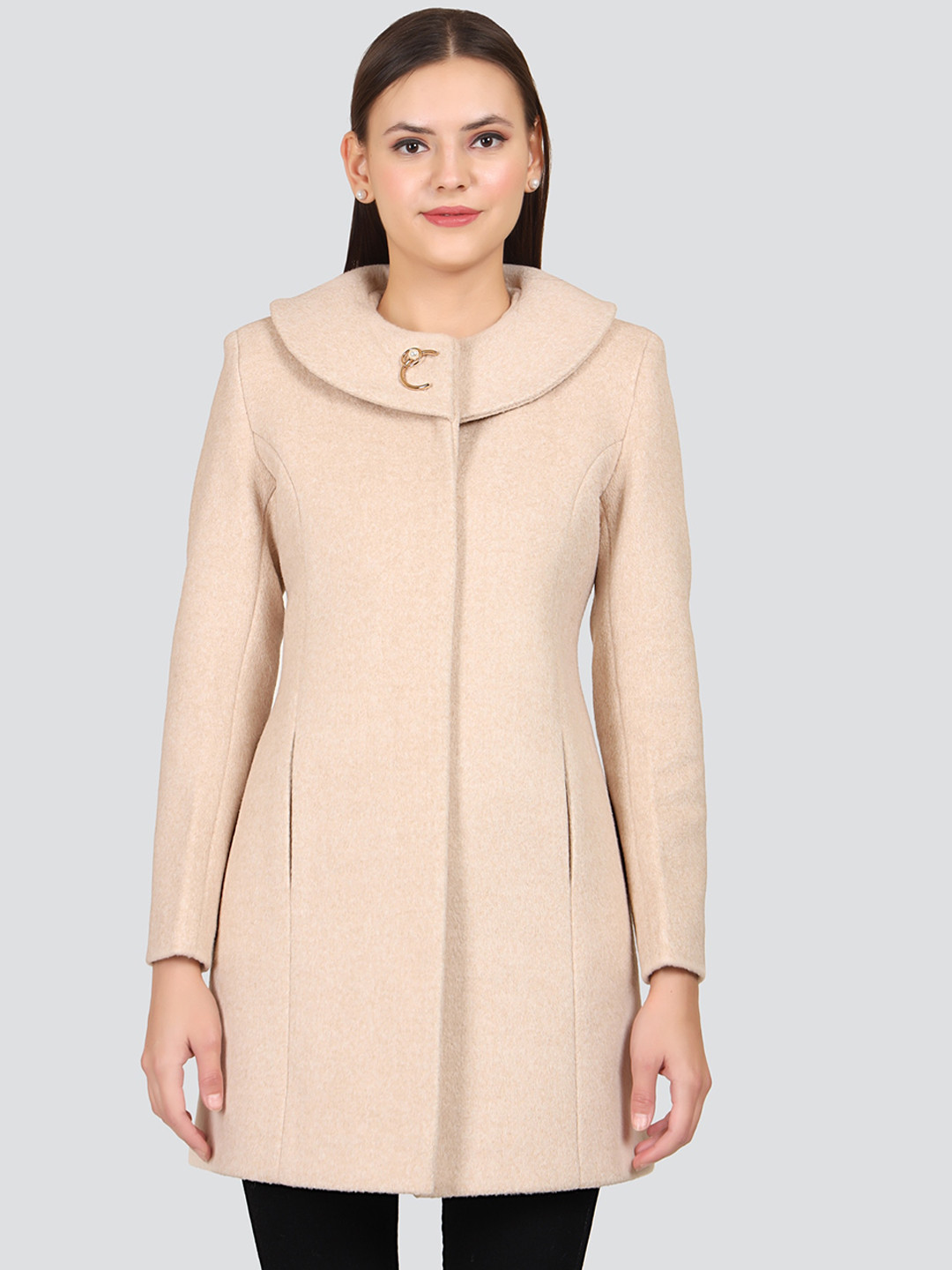 

YOUNG CLUB CLASSIC Women Beige Single-Breasted Woolen Top coat