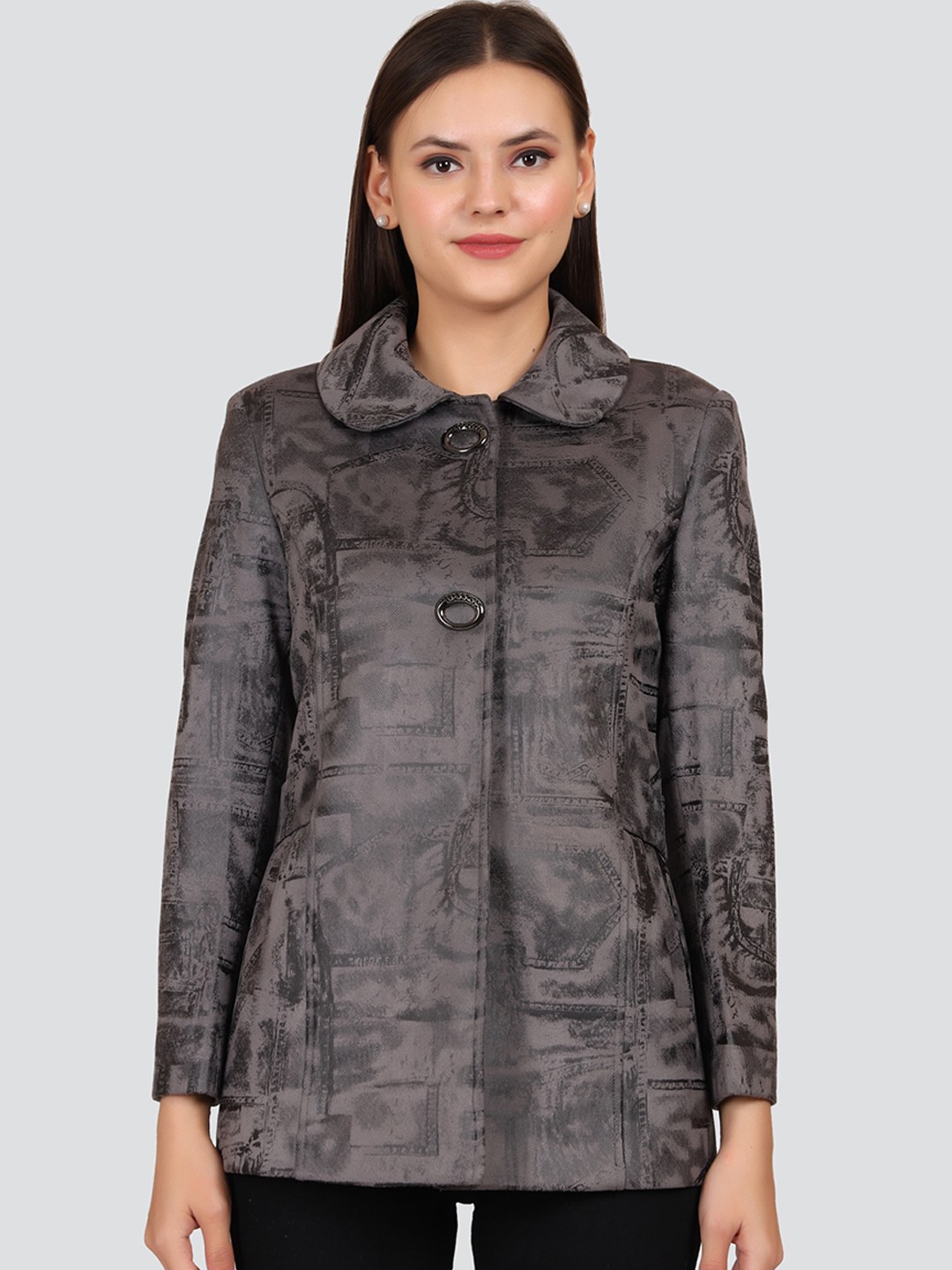 

YOUNG CLUB CLASSIC Women Grey Peter Pan Collar Suede Over Coats