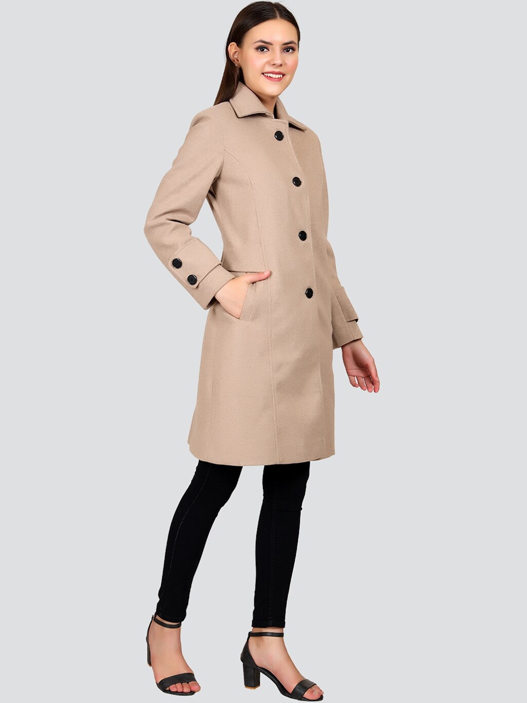 

YOUNG CLUB CLASSIC Women Beige Single-Breasted Woolen Overcoat