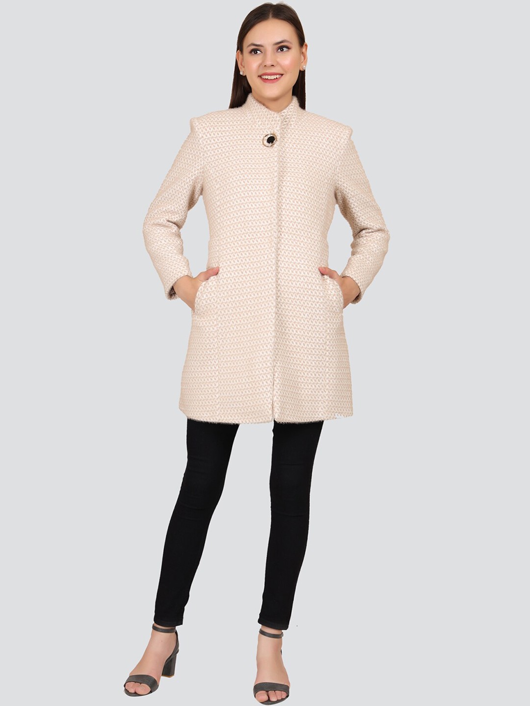 

YOUNG CLUB CLASSIC Women Cream Self-Design Woollen Overcoats