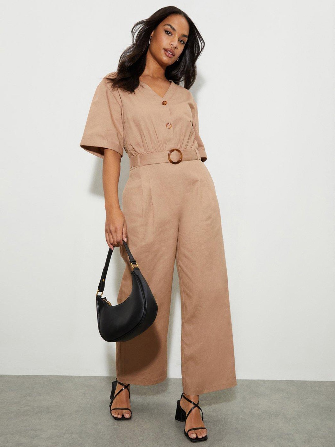 

DOROTHY PERKINS Beige Solid Cotton Basic Jumpsuit With Belt
