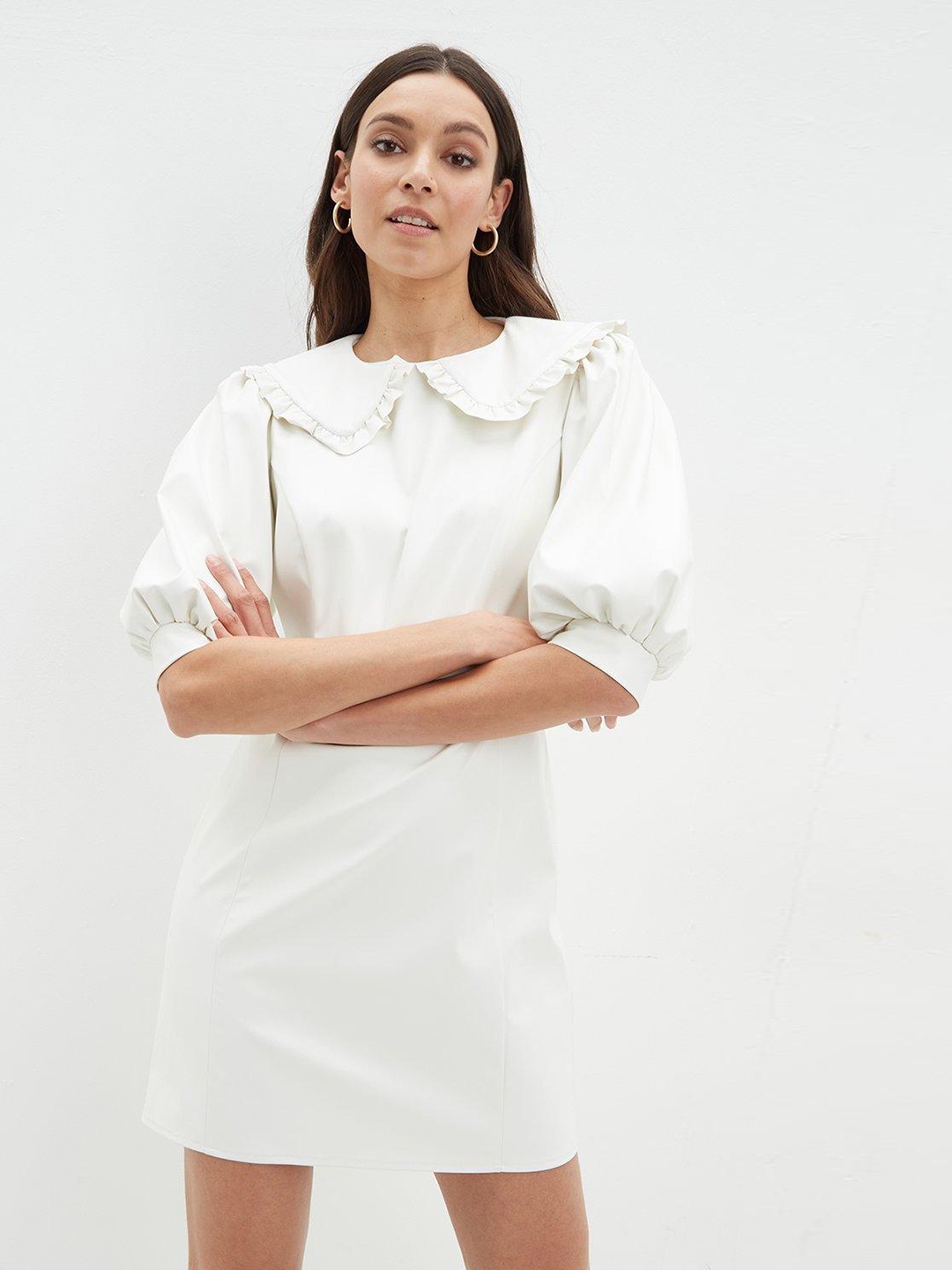 

DOROTHY PERKINS Off White Faux Leather Frill Collar Dress